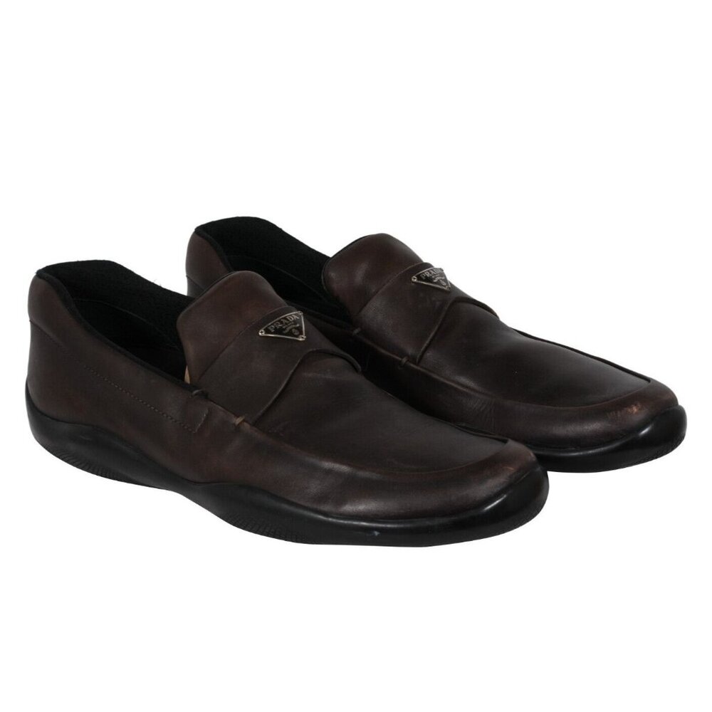 Prada Men Traingle Logo Plaque Loafers Size US 11 UK 10 Brown Leather Slip On